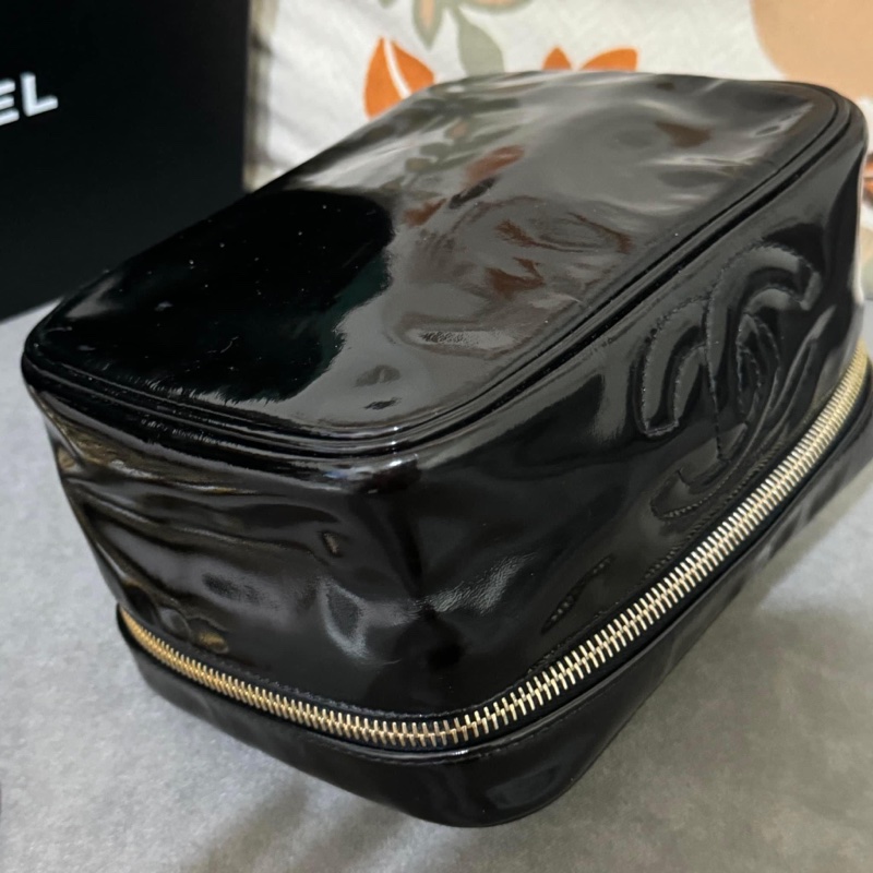 稀有經典香奈兒 Chanel vintage 大logo 黑色 小牛漆皮 金釦 手提化妝箱包 鏈條斜背包-19