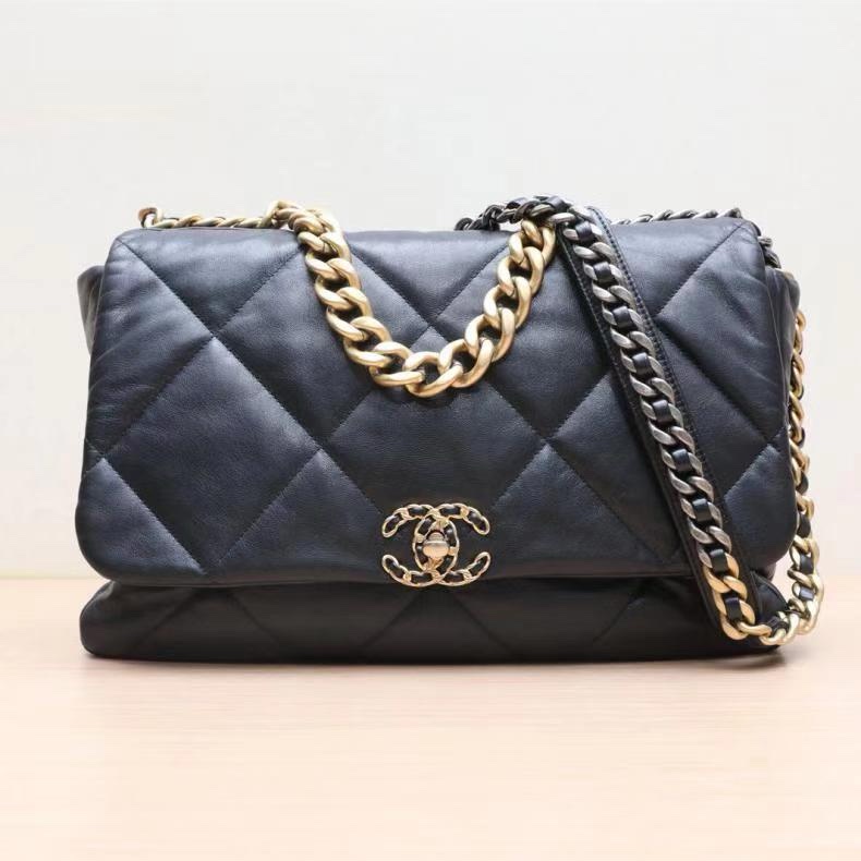 CHANEL(香奈兒) 19BAG 口蓋包 大號 36cm 黑色  30開 金扣 大菱格紋-0