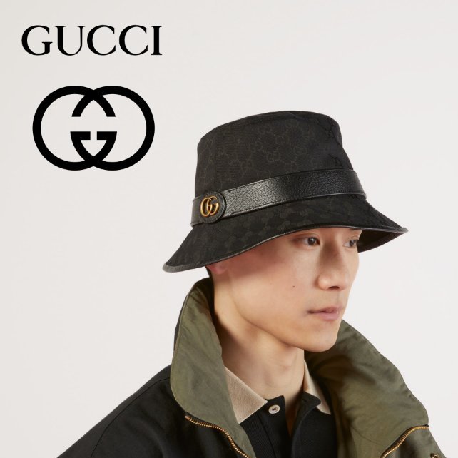 GUCCI 古馳雙G LOGO帆布漁夫帽 黑老花 老花帆布 漁夫帽 水桶帽 老帽 帽子 草帽 遮陽帽 帆布帽 戶外帽-0