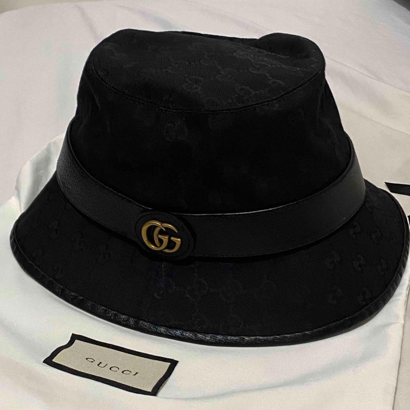 GUCCI 古馳雙G LOGO帆布漁夫帽 黑老花 老花帆布 漁夫帽 水桶帽 老帽 帽子 草帽 遮陽帽 帆布帽 戶外帽-1