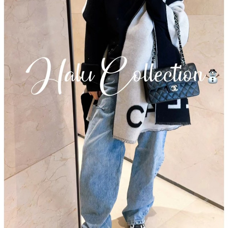 CHANEL 香奈兒 100%喀什米爾圍巾 雙C大Logo 熊貓配色圍巾 不是羊毛的喔-3