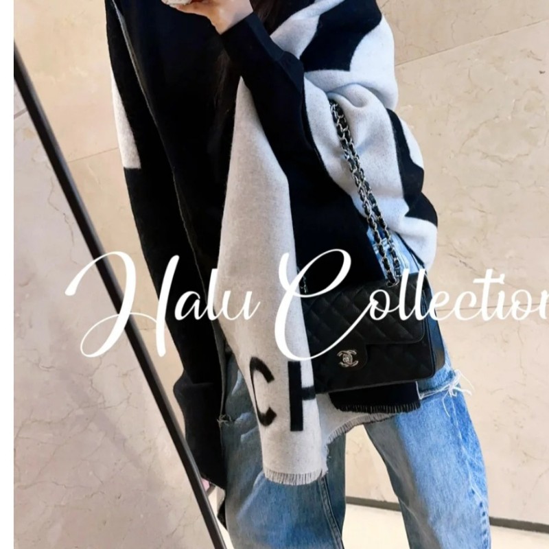 CHANEL 香奈兒 100%喀什米爾圍巾 雙C大Logo 熊貓配色圍巾 不是羊毛的喔-6
