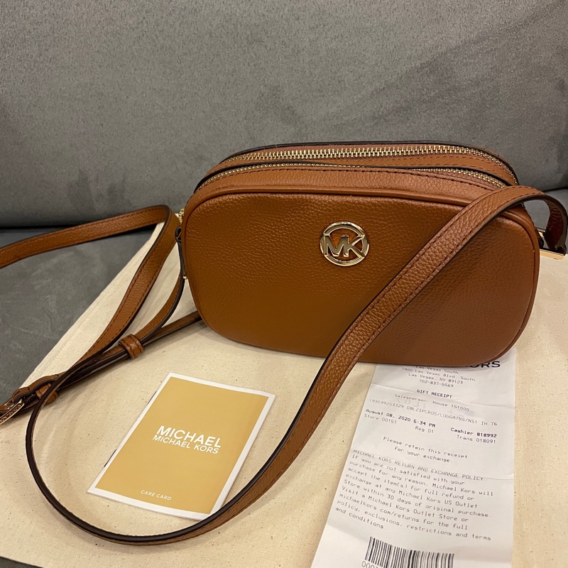 （全新閒置）MK 金棕色 荔枝紋牛皮 雙拉鍊 雙層相機包/斜背包/側背包-11