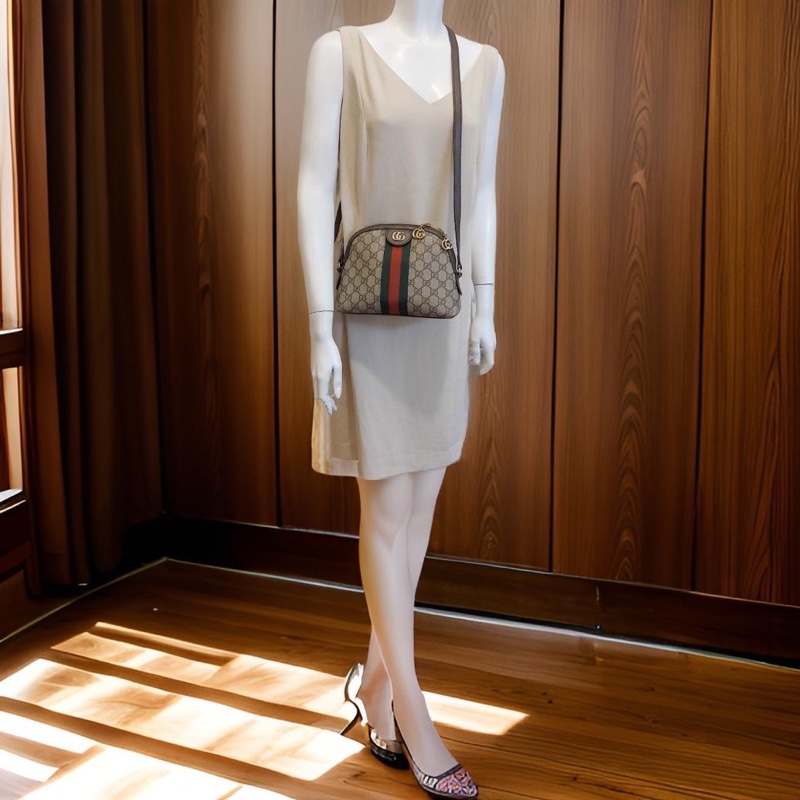 GUCCI OPHIDIA GG LOGO 經典綠紅綠織帶斜背貝殼斜側包精品時尚-2