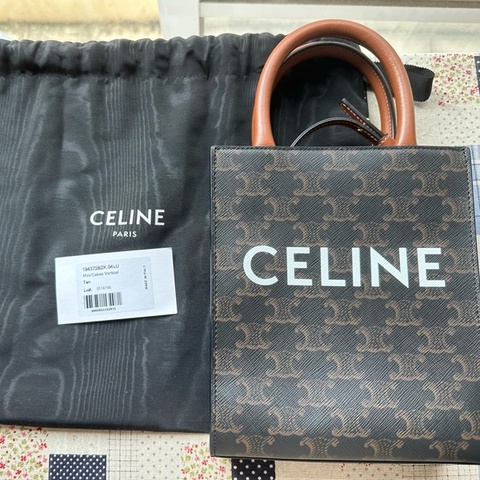 標誌印花及CELINE印花牛皮革迷你型直式CABAS手袋 黃褐色