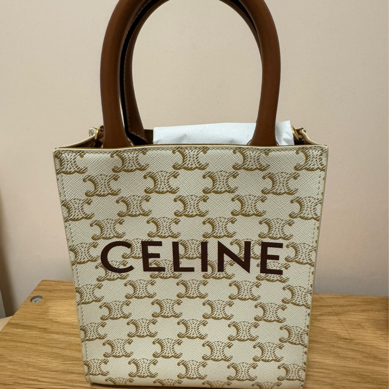 Celine TRIOMPHE帆布迷你型直式CABAS手袋 純白色-0
