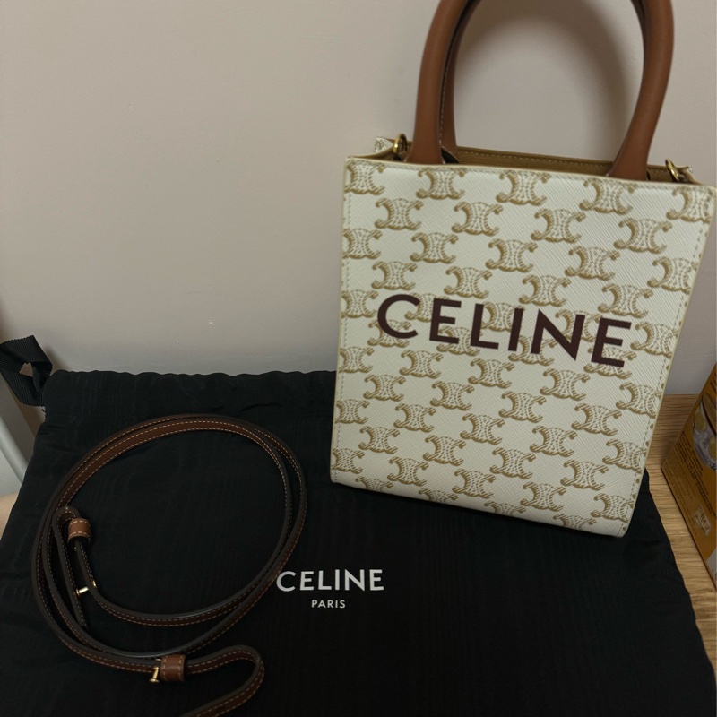 Celine TRIOMPHE帆布迷你型直式CABAS手袋 純白色-4
