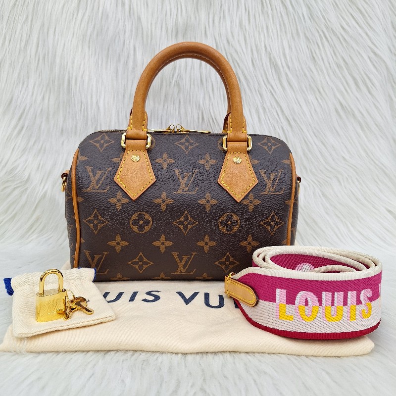 LV MINI SPEEDY 20 原花桃粉紅色字母織帶 手提/肩背/斜背波士頓包-0