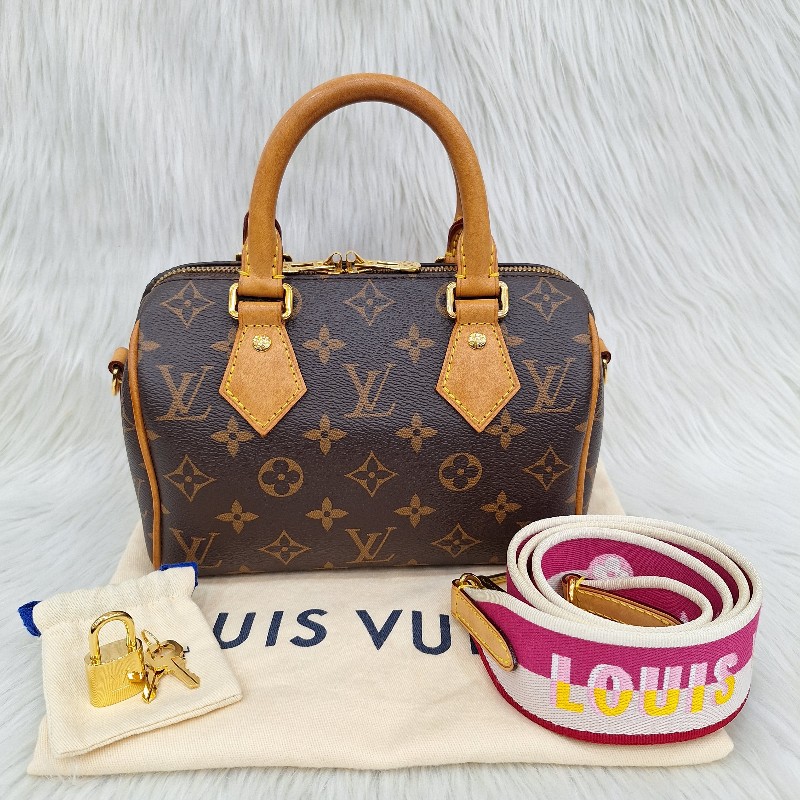 LV MINI SPEEDY 20 原花桃粉紅色字母織帶 手提/肩背/斜背波士頓包-1