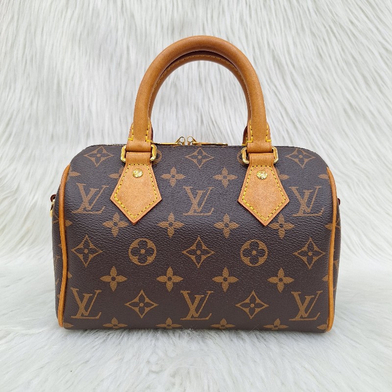 LV MINI SPEEDY 20 原花桃粉紅色字母織帶 手提/肩背/斜背波士頓包-2