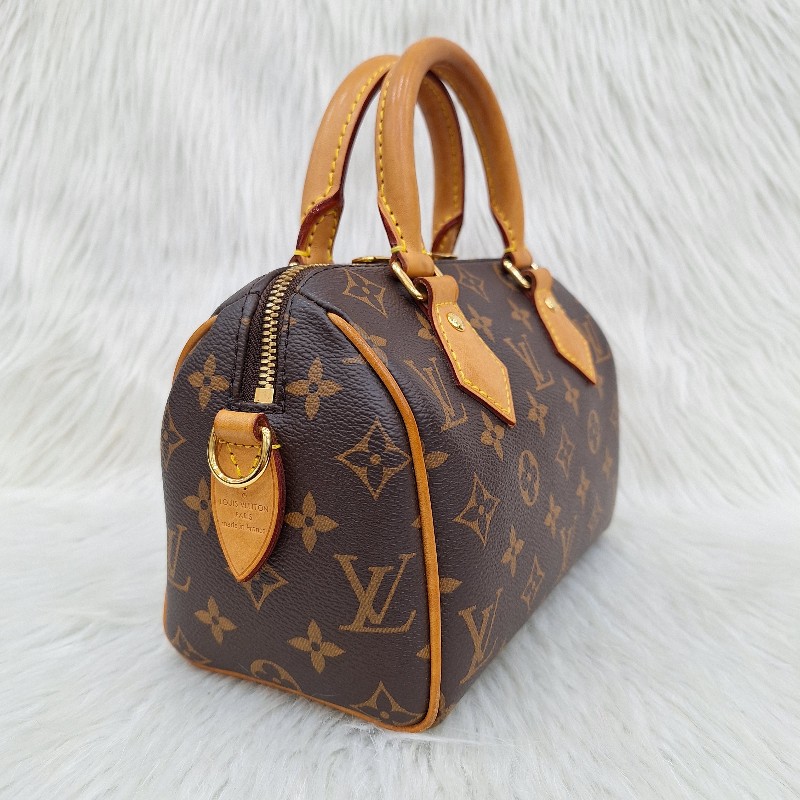 LV MINI SPEEDY 20 原花桃粉紅色字母織帶 手提/肩背/斜背波士頓包-3