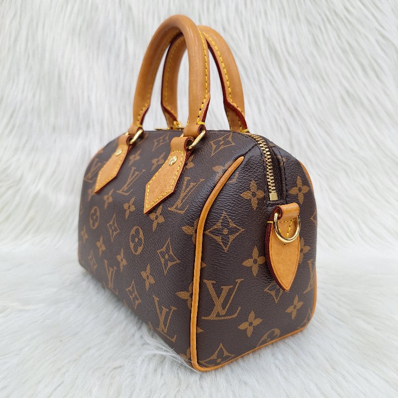LV MINI SPEEDY 20 原花桃粉紅色字母織帶 手提/肩背/斜背波士頓包-4