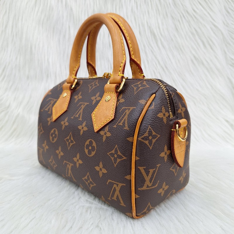 LV MINI SPEEDY 20 原花桃粉紅色字母織帶 手提/肩背/斜背波士頓包-9