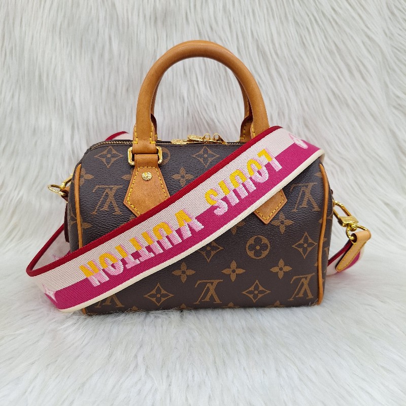 LV MINI SPEEDY 20 原花桃粉紅色字母織帶 手提/肩背/斜背波士頓包-21