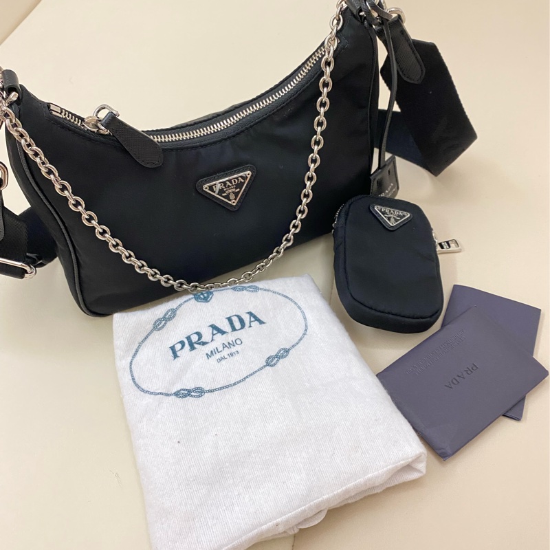 PRADA 經典TESSUTO三角LOGO尼龍拉鍊手提/斜背兩用包(黑1BH204-TESSUTO+SAFFIAN-NERO)-0