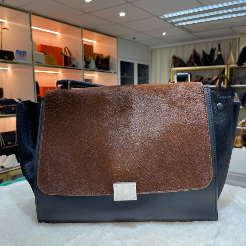 celine 思琳 馬毛黑色拼啡色特別版 Trapeze 蝙蝠包-0