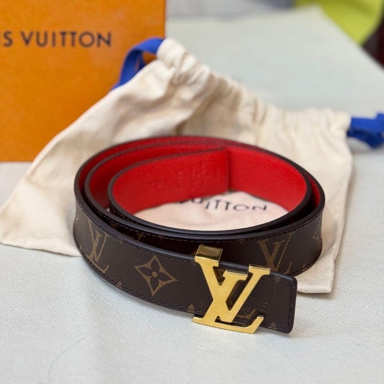 LV 老花 皮革 雙面 金頭 細版 雙面 腰帶 皮帶-0