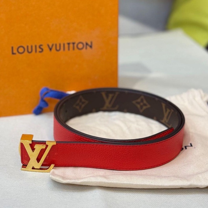 LV 老花 皮革 雙面 金頭 細版 雙面 腰帶 皮帶-2