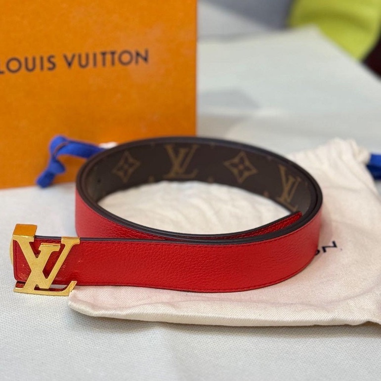 LV 老花 皮革 雙面 金頭 細版 雙面 腰帶 皮帶-3