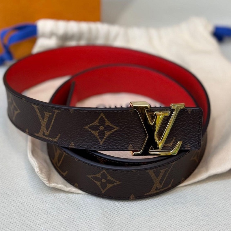 LV 老花 皮革 雙面 金頭 細版 雙面 腰帶 皮帶-4