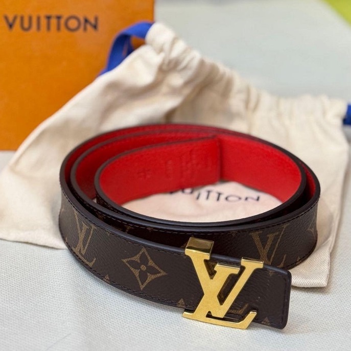 LV 老花 皮革 雙面 金頭 細版 雙面 腰帶 皮帶-5