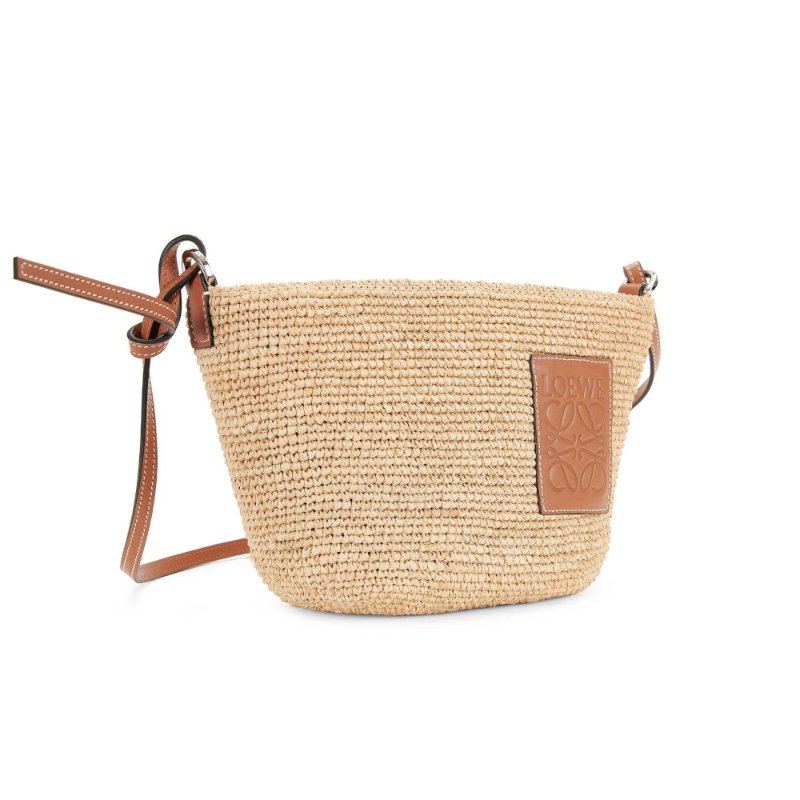 【LOEWE 羅威】Slit Pochette 酒椰纖維 緹花拼小牛皮 拉鍊 肩背包 水桶包 草編包 原色 棕褐色-2