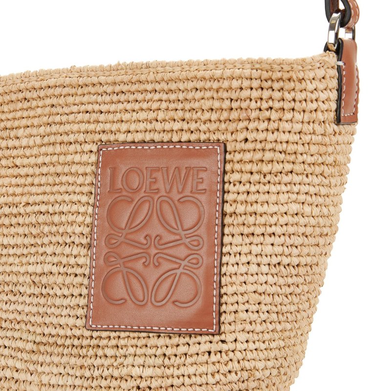 【LOEWE 羅威】Slit Pochette 酒椰纖維 緹花拼小牛皮 拉鍊 肩背包 水桶包 草編包 原色 棕褐色-3