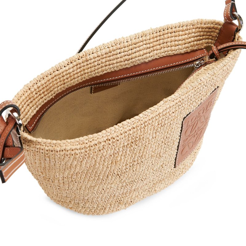 【LOEWE 羅威】Slit Pochette 酒椰纖維 緹花拼小牛皮 拉鍊 肩背包 水桶包 草編包 原色 棕褐色-4
