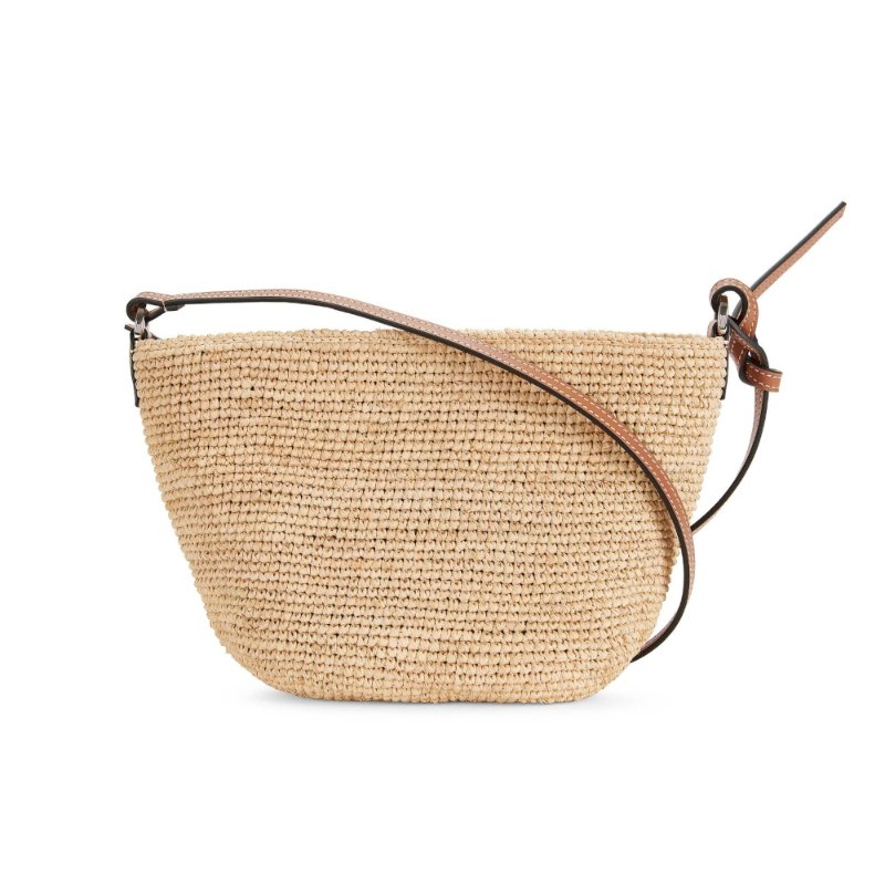【LOEWE 羅威】Slit Pochette 酒椰纖維 緹花拼小牛皮 拉鍊 肩背包 水桶包 草編包 原色 棕褐色-5