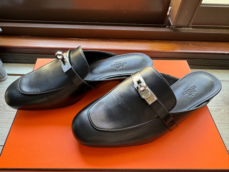 Hermes Kelly OZ穆勒鞋 黑銀 37號 全新全配-2