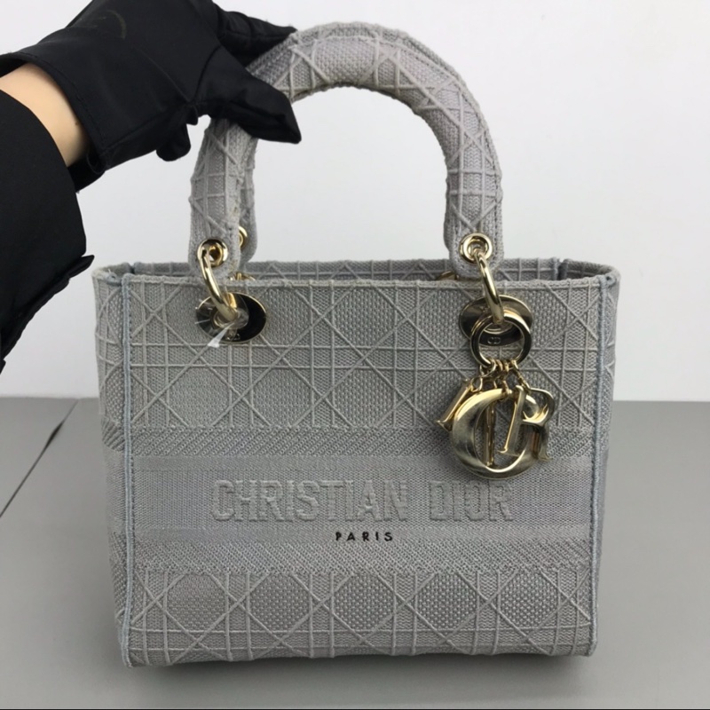 DIOR 岩石灰藤格紋刺繡D-Lite五格戴妃單肩斜挎手提包-0