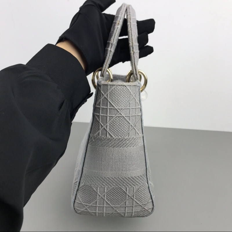 DIOR 岩石灰藤格紋刺繡D-Lite五格戴妃單肩斜挎手提包-2