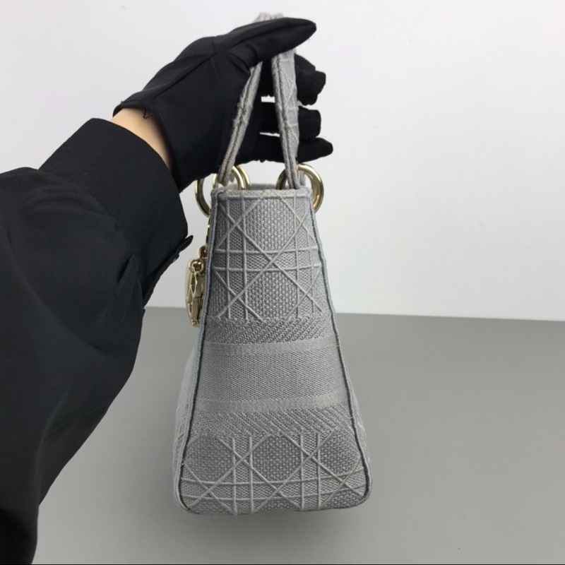 DIOR 岩石灰藤格紋刺繡D-Lite五格戴妃單肩斜挎手提包-3