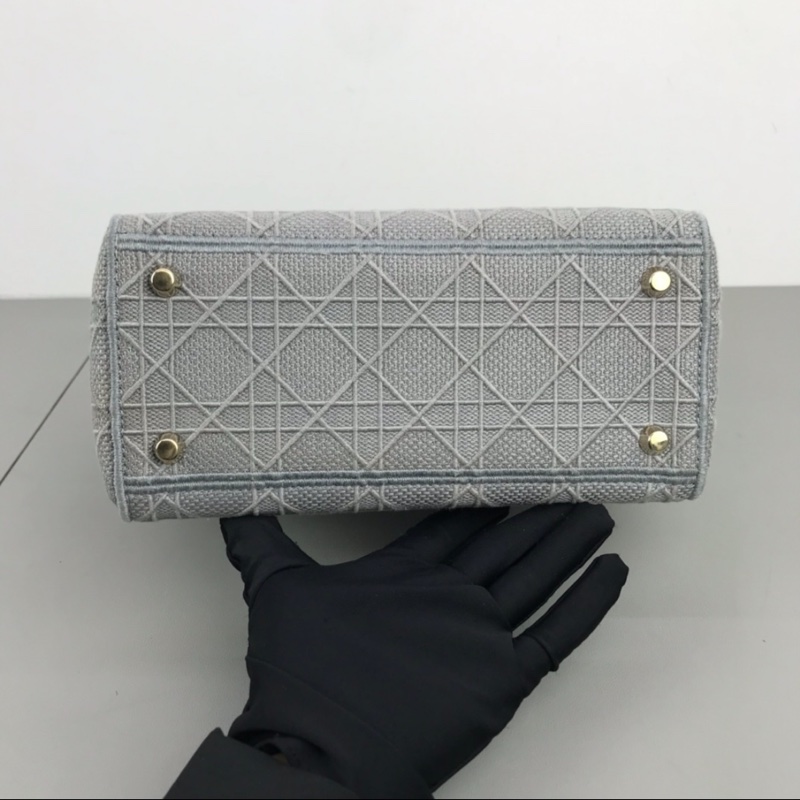DIOR 岩石灰藤格紋刺繡D-Lite五格戴妃單肩斜挎手提包-5
