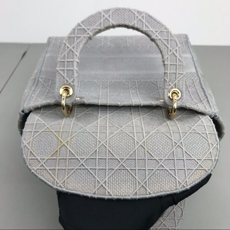 DIOR 岩石灰藤格紋刺繡D-Lite五格戴妃單肩斜挎手提包-6