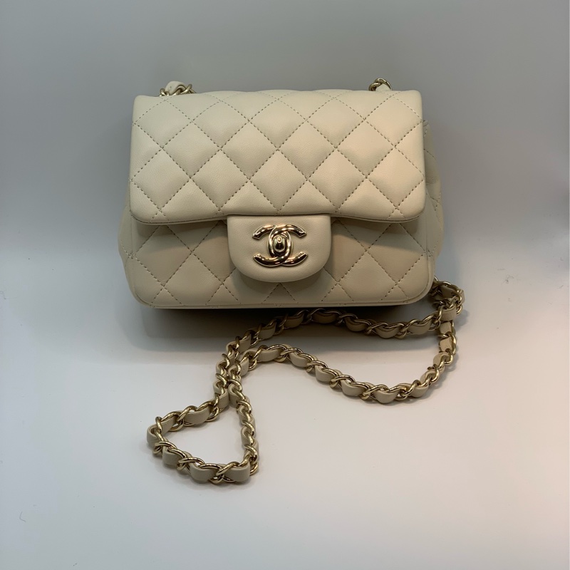 9新 Chanel香奈兒米色羊皮金鏈方胖子-0