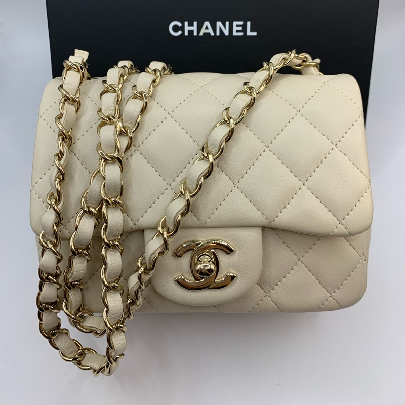 9新 Chanel香奈兒米色羊皮金鏈方胖子-2