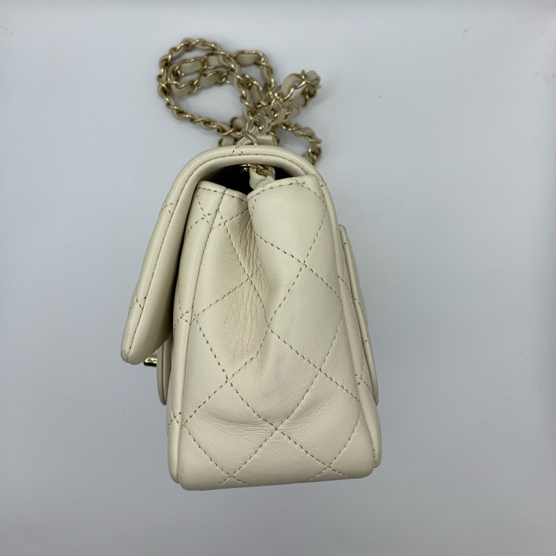 9新 Chanel香奈兒米色羊皮金鏈方胖子-5