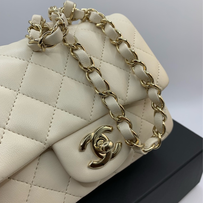 9新 Chanel香奈兒米色羊皮金鏈方胖子-7
