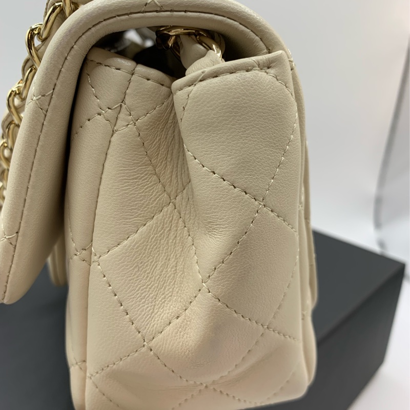 9新 Chanel香奈兒米色羊皮金鏈方胖子-9