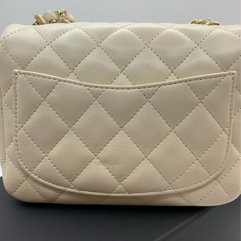 9新 Chanel香奈兒米色羊皮金鏈方胖子-11