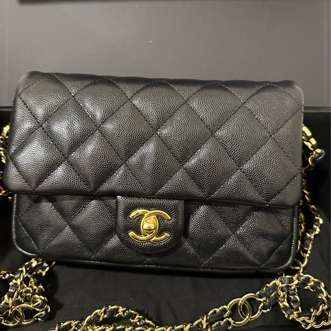 絕版限量 不撞包 硬挺耐用 荔枝牛chanel cf20 mini香奈兒 口蓋包 黑金雙鏈條 肩揹/斜揹