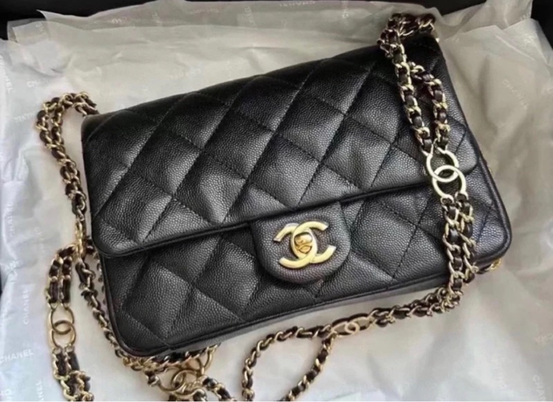 絕版限量 不撞包 硬挺耐用 荔枝牛chanel cf20 mini香奈兒 口蓋包 黑金雙鏈條 肩揹/斜揹-2