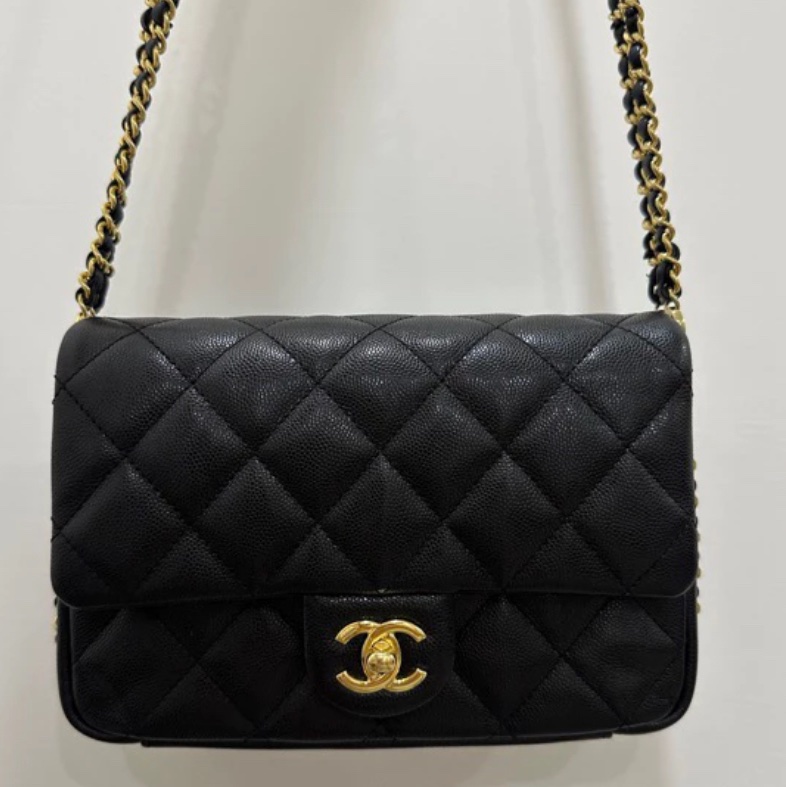 絕版限量 不撞包 硬挺耐用 荔枝牛chanel cf20 mini香奈兒 口蓋包 黑金雙鏈條 肩揹/斜揹-3