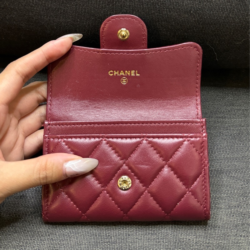 CHANEL 酒紅色卡包 單層卡包 小羊皮 小皮件 卡包-2