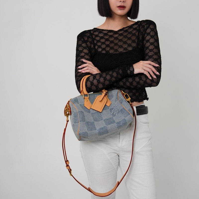 Louis Vuitton  Speedy 25 丹寧布棋盤格兩用波士頓包(N40700-牛仔藍)-0