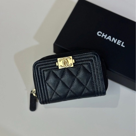 Chanel boy 黑金荔枝皮零錢包短夾