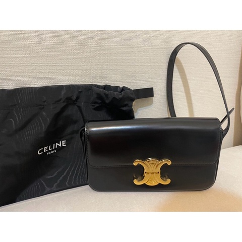 Celine Triomphe 黑色皮革凱旋門腋下包CLAUDE亮澤牛皮革肩揹袋