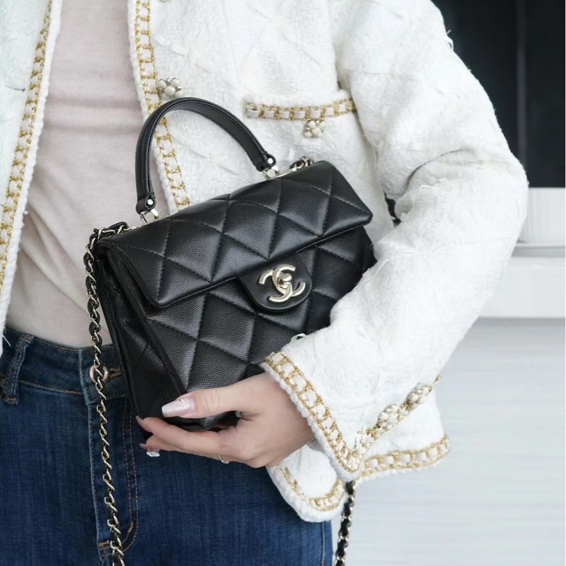 香奈兒 Chanel  24P春夏小球紋  手柄Kelly盒子  手提包  肩背包  斜背包黑色金釦-1