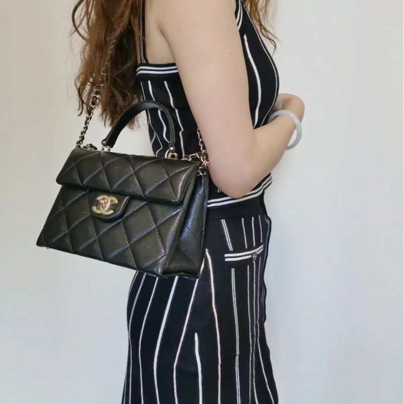 香奈兒 Chanel  24P春夏小球紋  手柄Kelly盒子  手提包  肩背包  斜背包黑色金釦-2